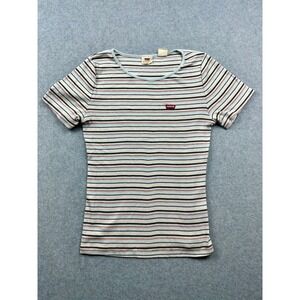Levis Womens Ribbed Knit Striped Short Sleeve T-Shirt Blue Orange Black Medium